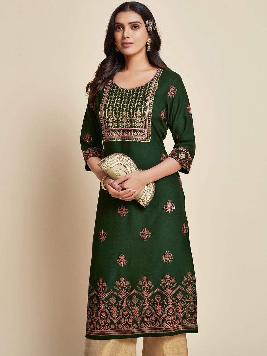 

Sangria Green & Peach Ethnic Motifs Printed Thread Work Straight Kurta