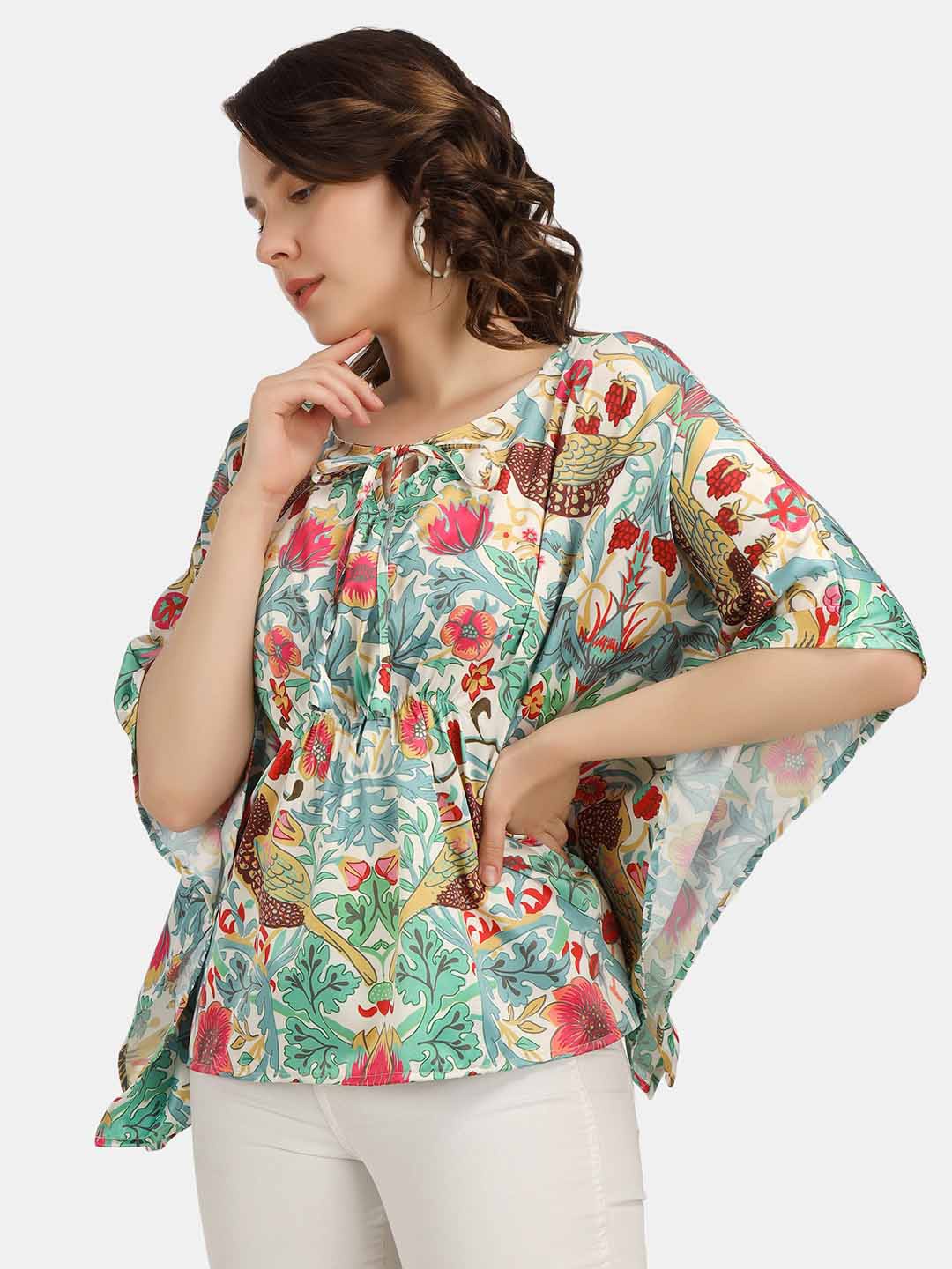 

angloindu Floral Printed Tie-Up Neck Satin Kaftan Top, Cream