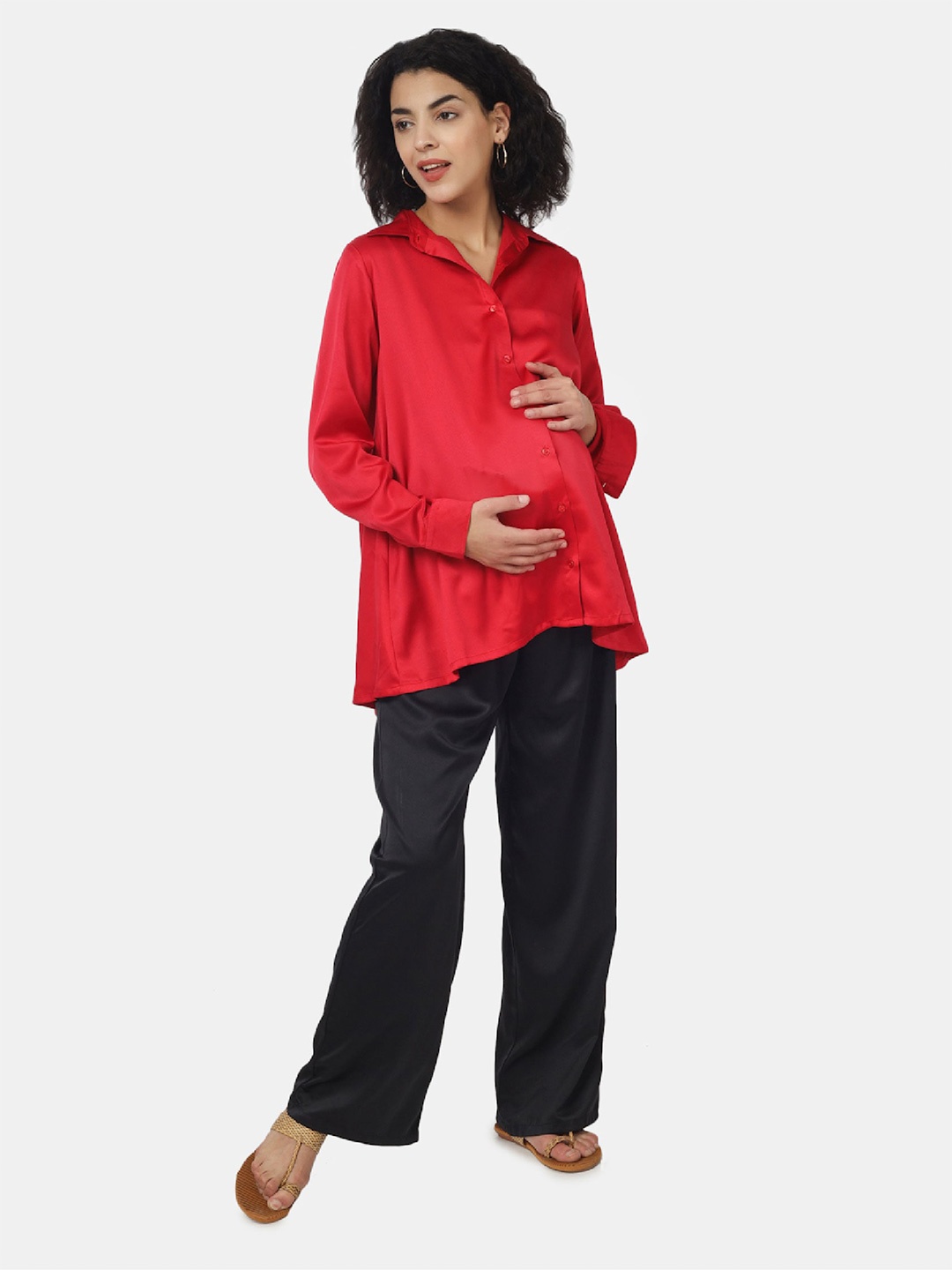 

angloindu Spread Collar Long Sleeve Maternity Satin Shirt, Red