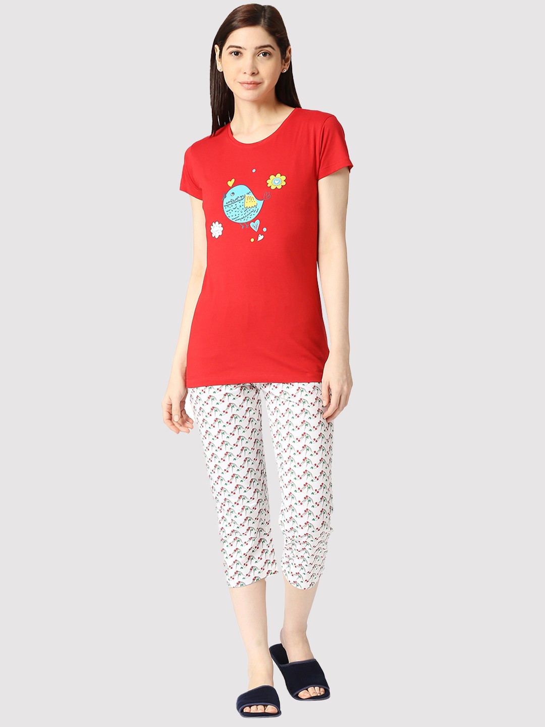 

zebu Graphic Printed Pure Cotton Night Suit, Red