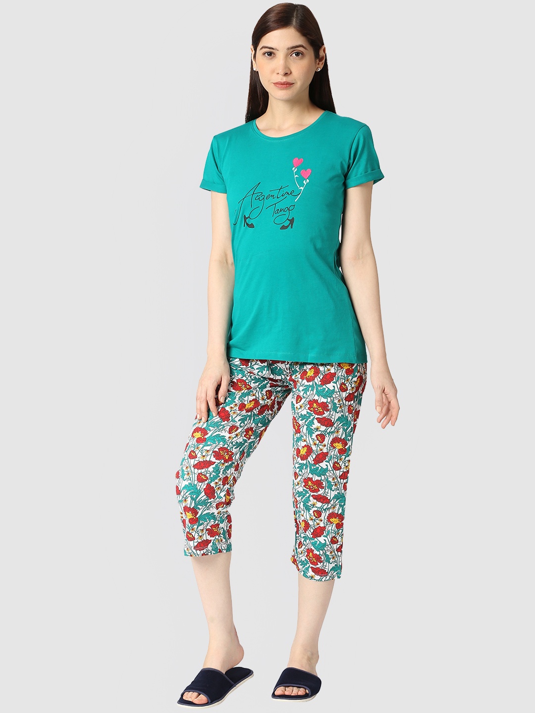 

zebu Typography Printed Pure Cotton Night Suit, Green