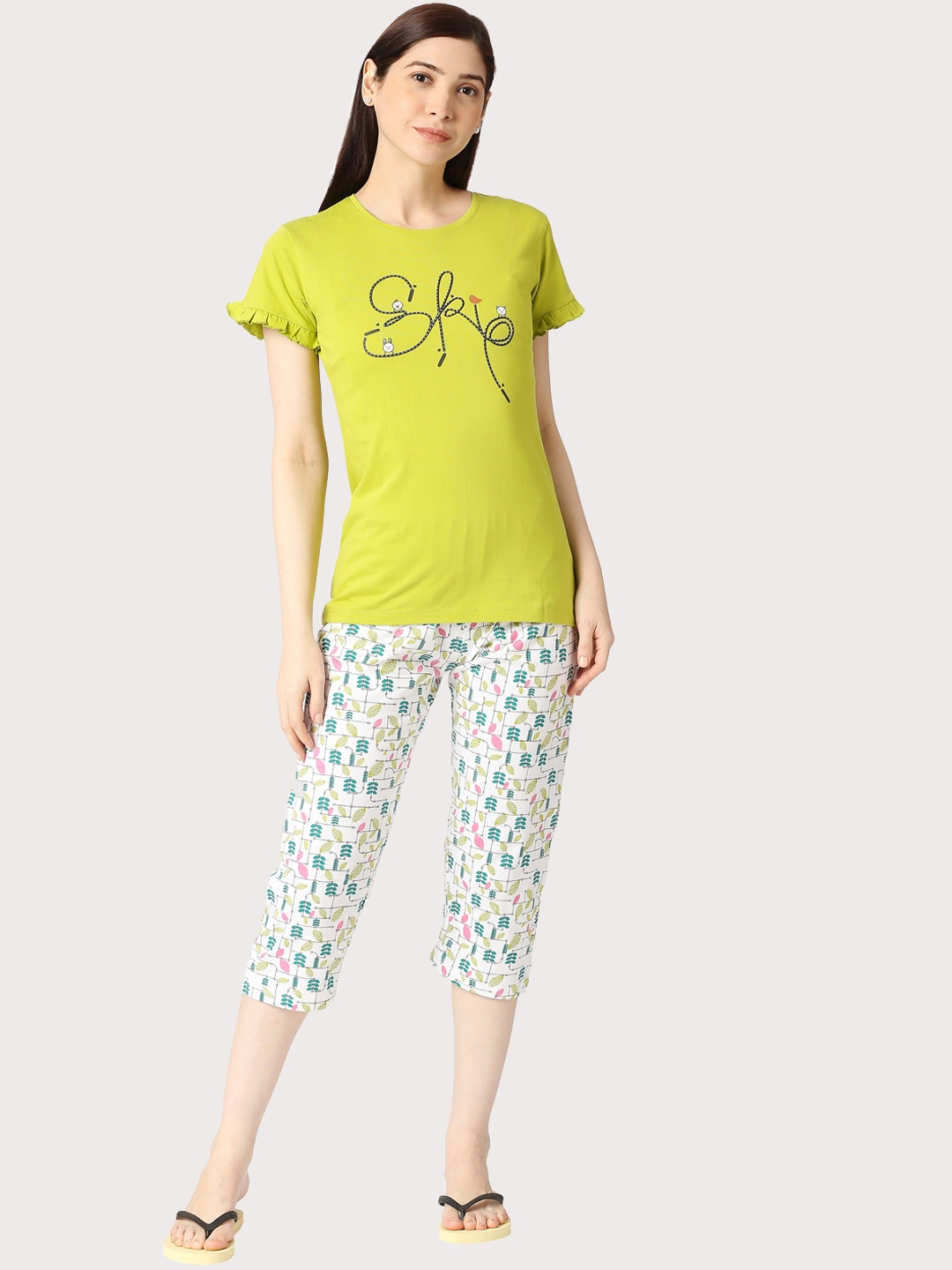 

zebu Floral Printed Pure Cotton Night Suit, Sea green