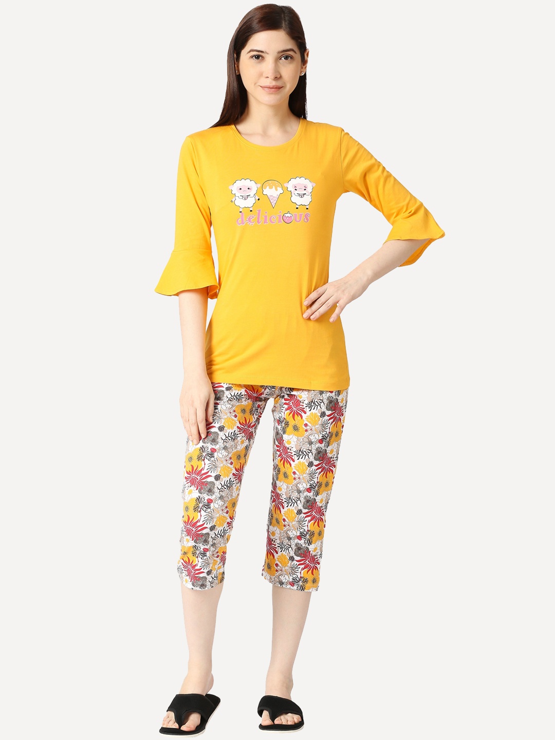 

zebu Graphic Printed Pure Cotton Night Suit, Yellow