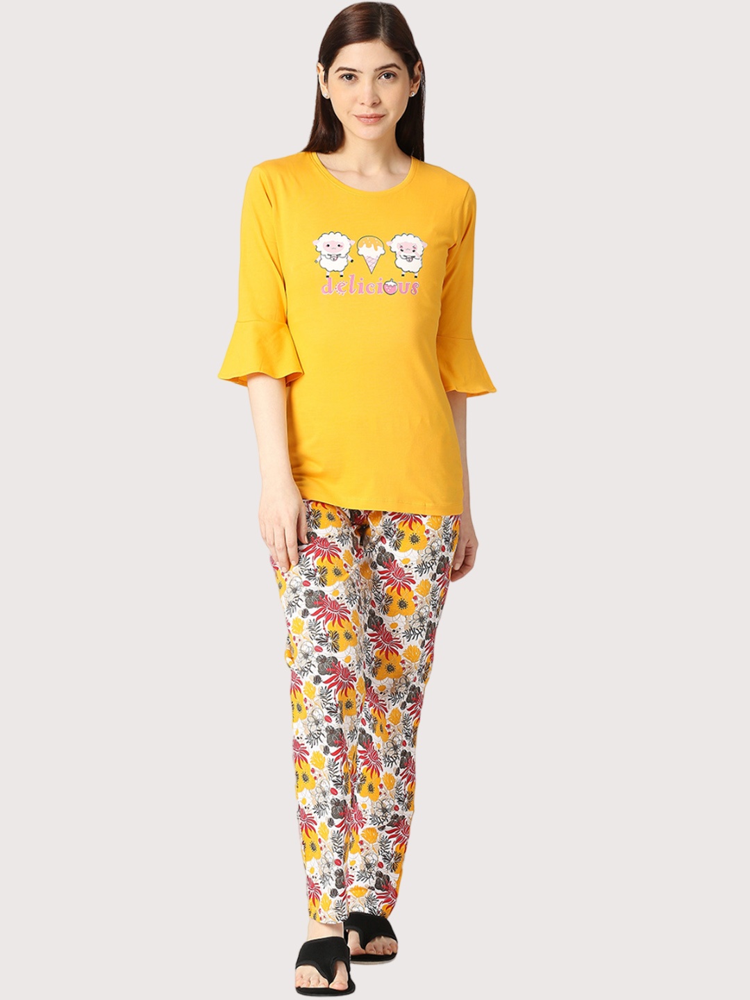 

zebu Floral Printed Pure Cotton Night Suit, Yellow