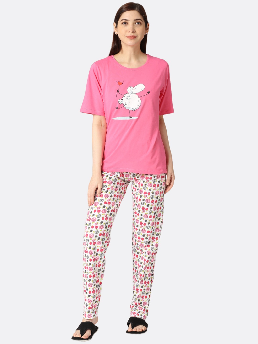 

zebu Graphic Printed Pure Cotton Night Suit, Pink