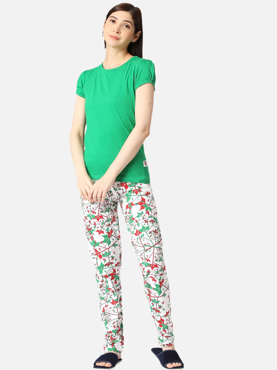 

zebu Floral Printed Pure Cotton Night Suit, Green