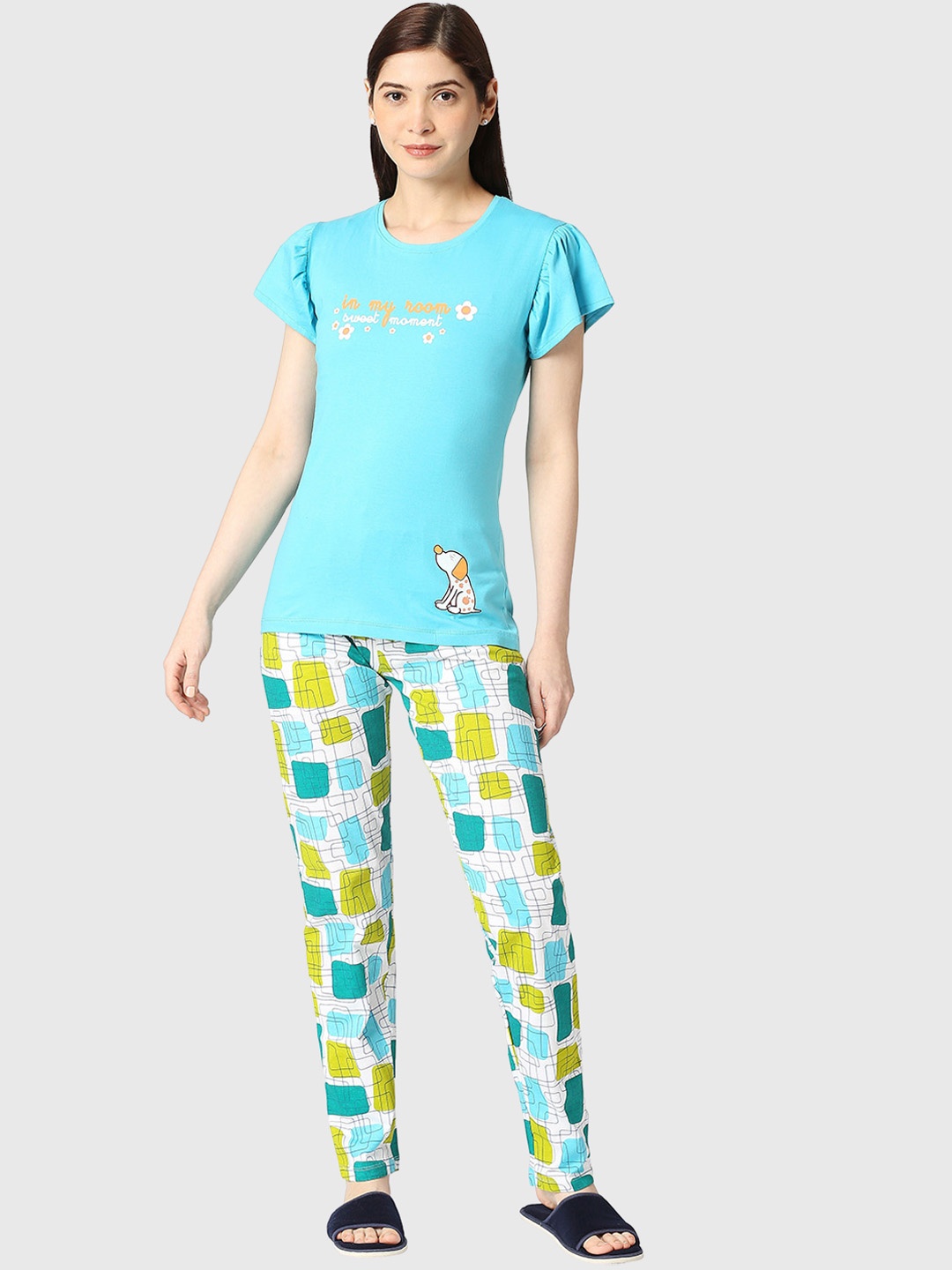 

zebu Typography Printed Pure Cotton Night Suit, Blue