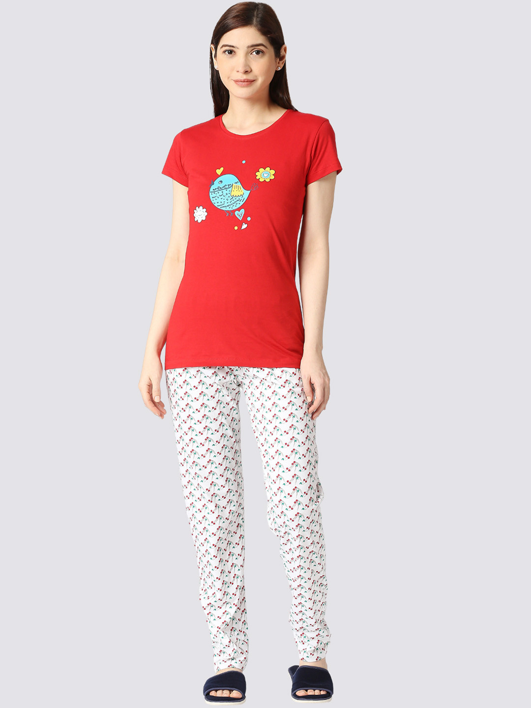 

zebu Graphic Printed Pure Cotton Night Suit, Red