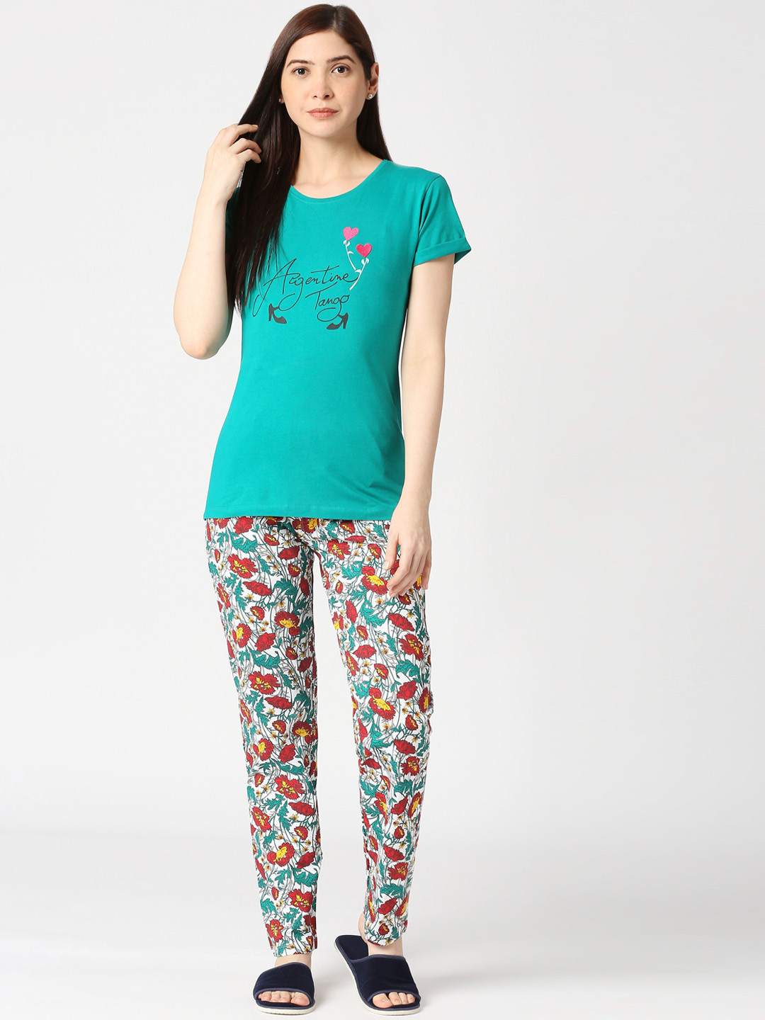 

zebu Typography Printed Pure Cotton Night Suit, Green