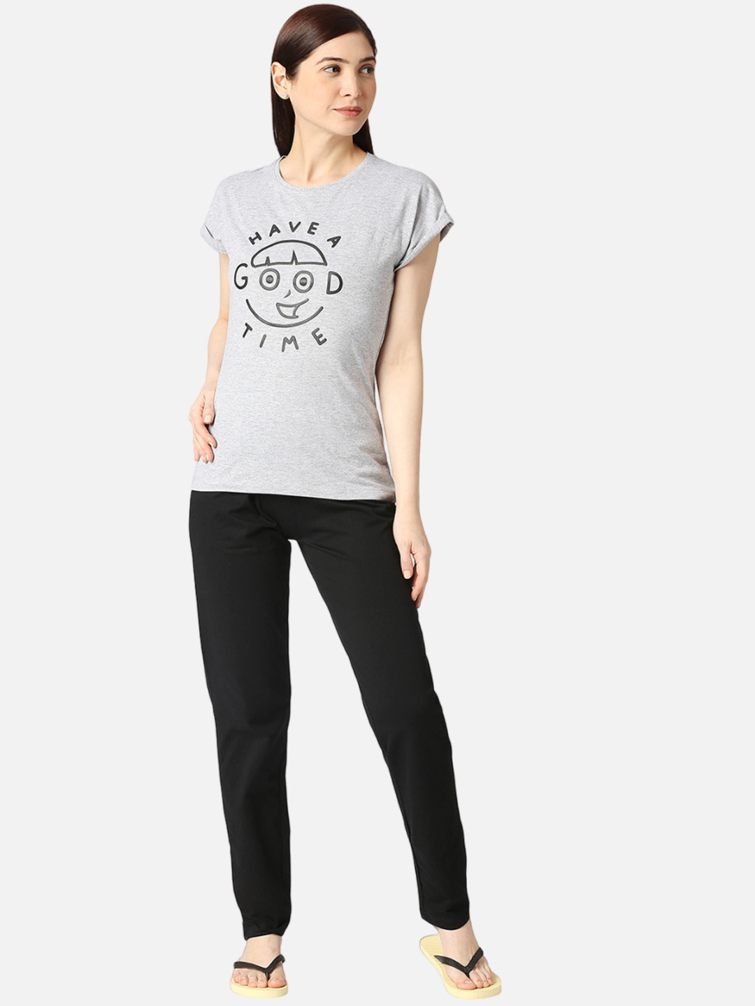 

zebu Typogarphy Printed Pure Cotton Night Suit, Grey melange