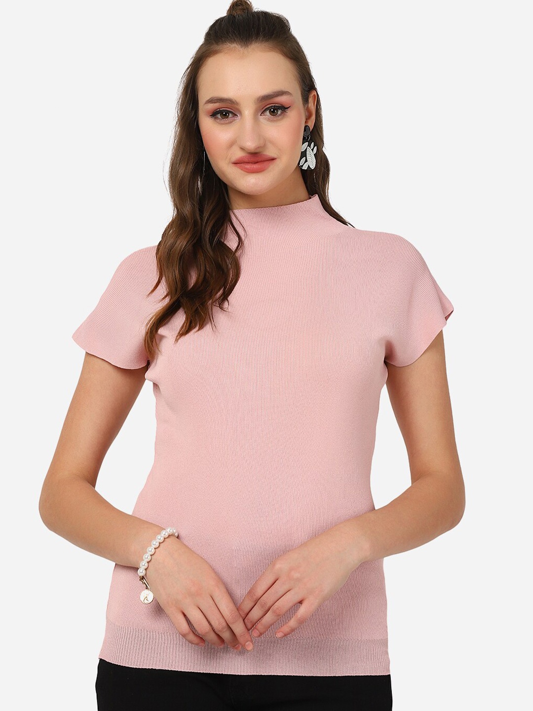 

HSR High Neck Extended Sleeves Casual Top, Pink