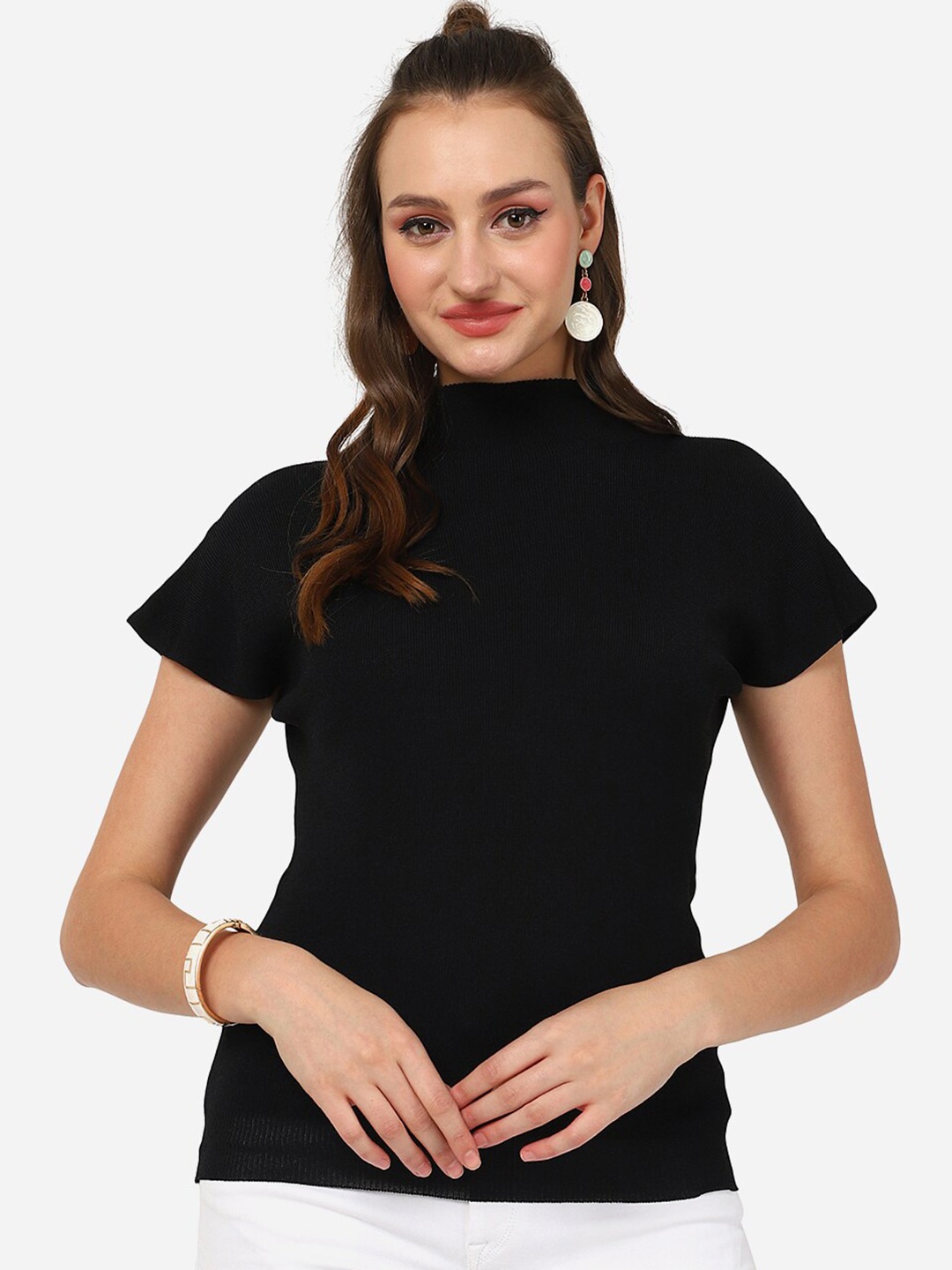 

HSR High Neck Extended Sleeves Casual Top, Black