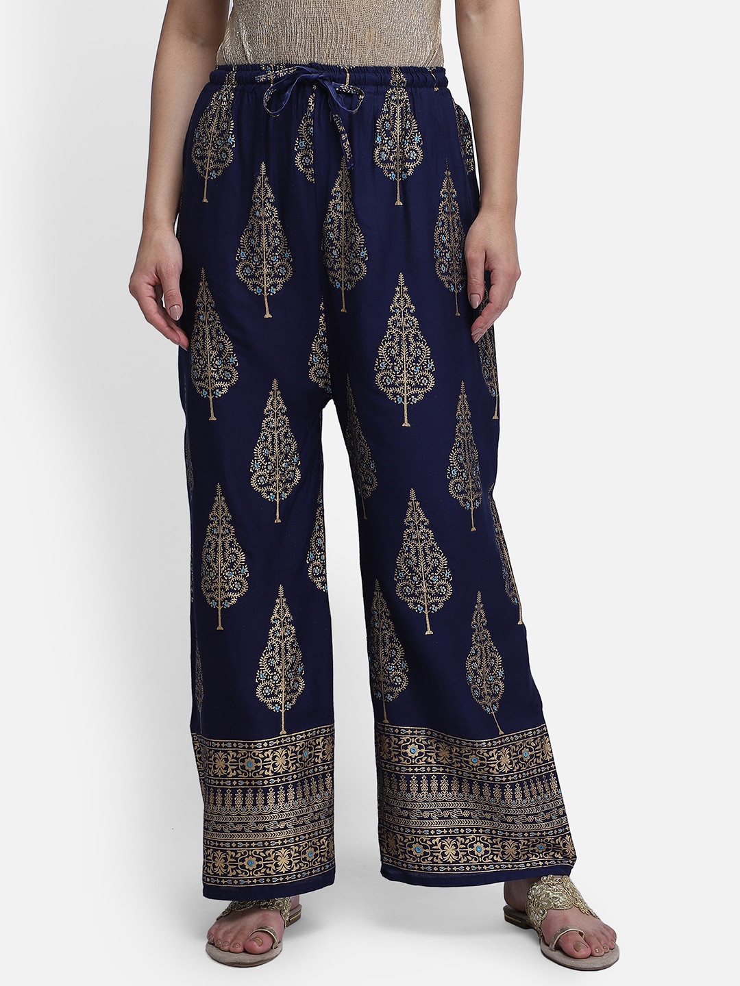 

Aditi Wasan Women Blue & Gold-Toned Ethnic Motifs Printed Knitted Palazzos