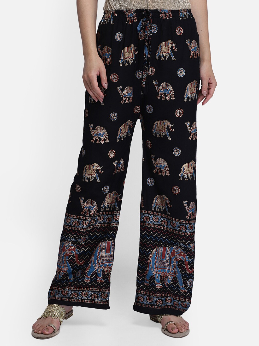

Aditi Wasan Women Ethnic Motifs Printed Woven Palazzos, Black