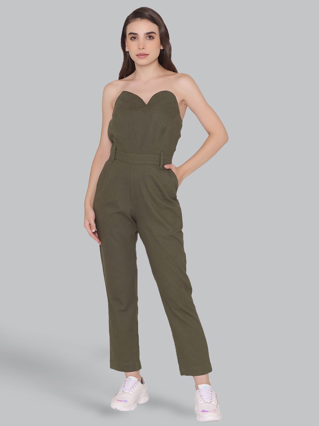 

CUFFS N LASHES Strapless Cotton Basic Jumpsuit, Olive