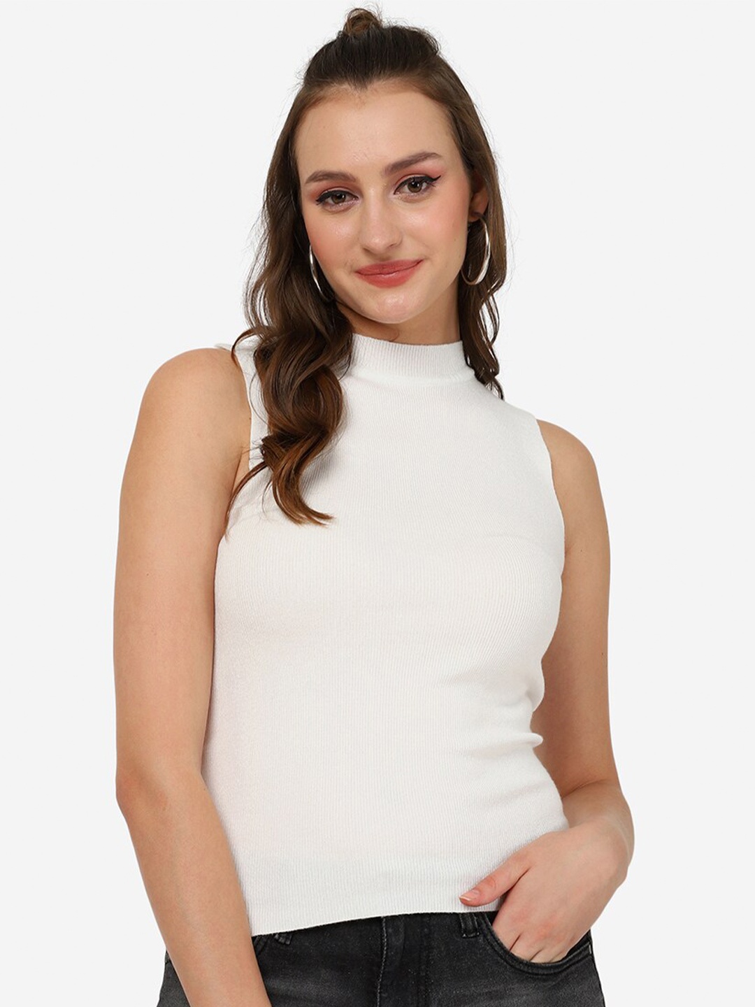 

HSR High Neck Sleeveless Knitted Casual Top, White