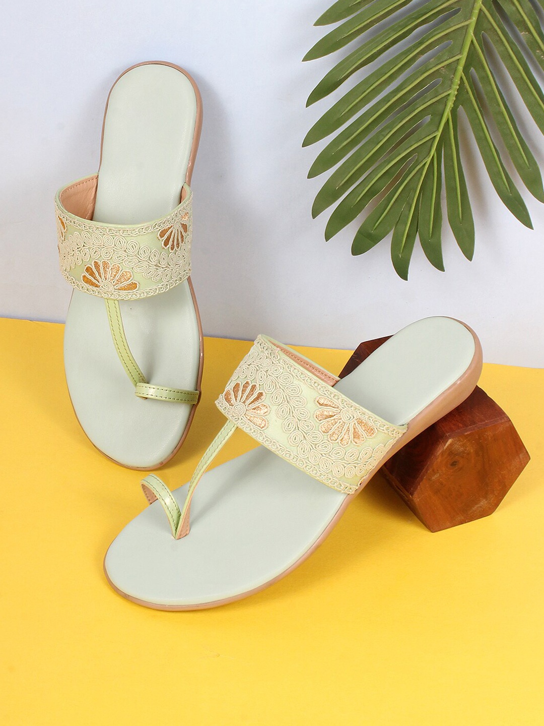 

Anouk Sea Green & Gold Embellished Ethnic One Toe Flats With Embroidered