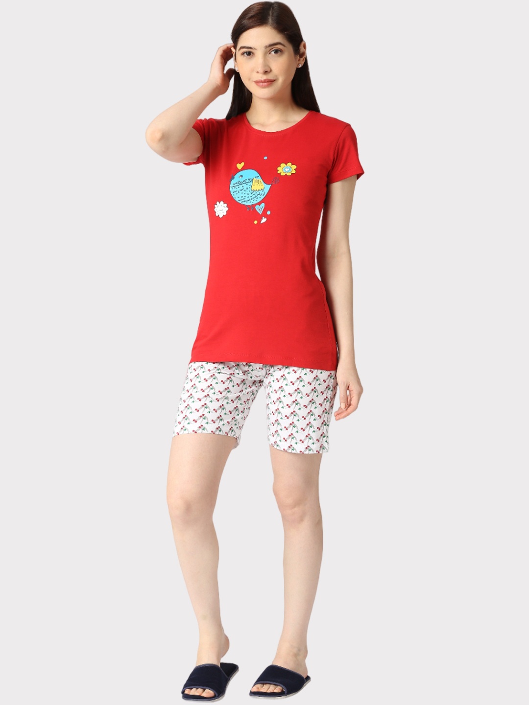 

zebu Graphic Printed Pure Cotton Night Suit, Red