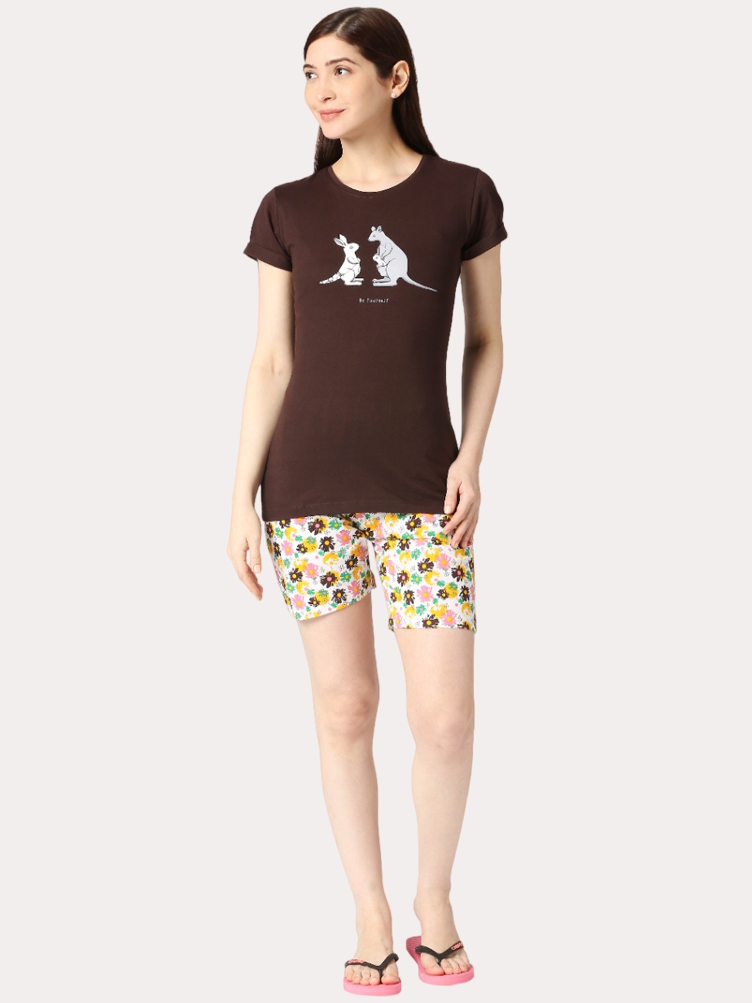 

zebu Floral Printed Pure Cotton Night Suit, Brown