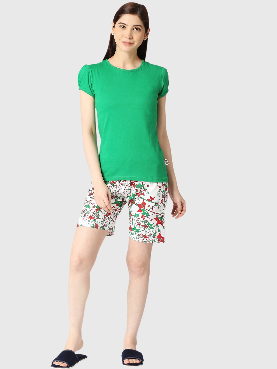

zebu Floral Printed Pure Cotton Night Suit, Fluorescent green