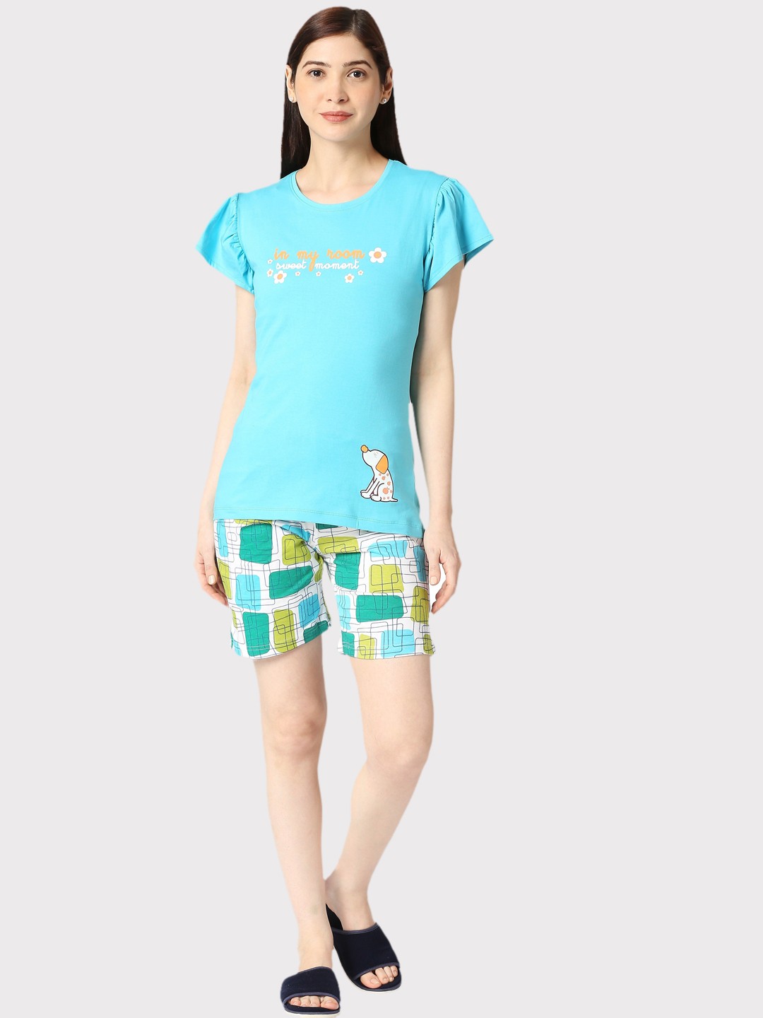

zebu Geometric Printed Pure Cotton Night Suit, Blue