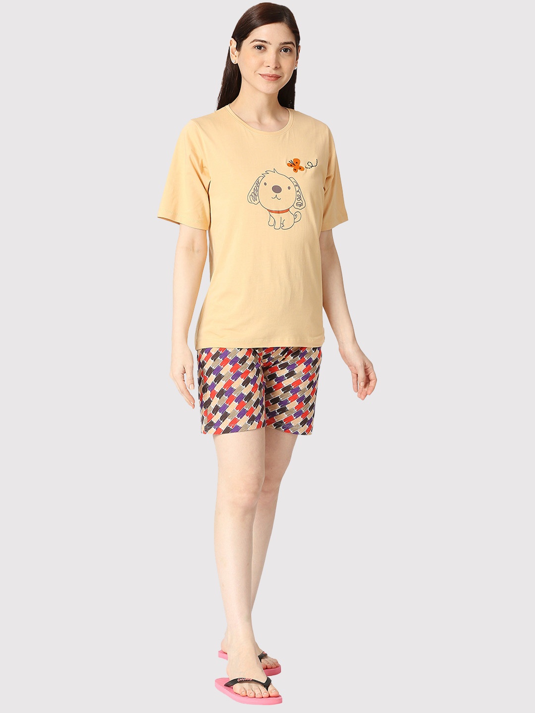 

zebu Graphic Printed Pure Cotton Night Suit, Beige