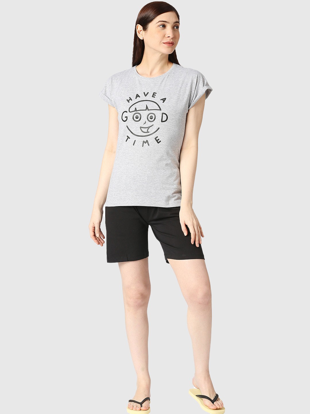 

zebu Typography Printed Pure Cotton Night Suit, Grey melange
