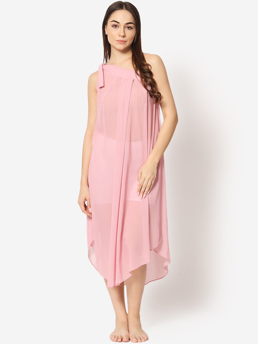 

Beau Design Tie Up Pleated One Shoulder Swimwear Cover Up Dress, Pink