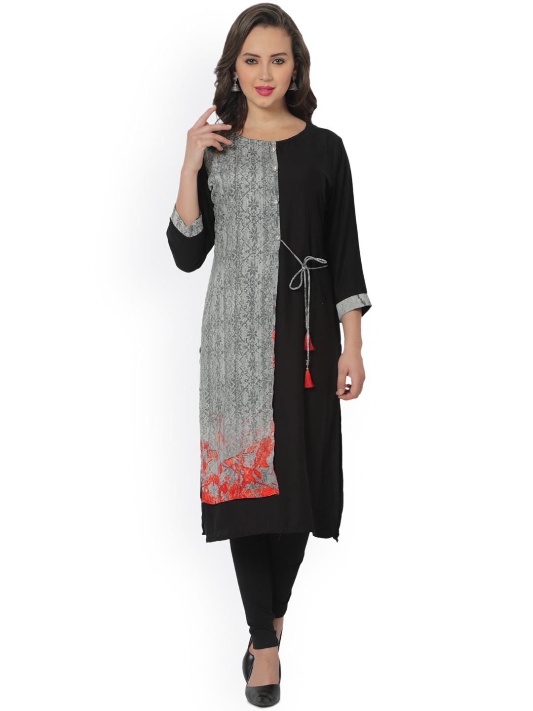 

shiloh Women Black & Grey Printed Straight Kurta
