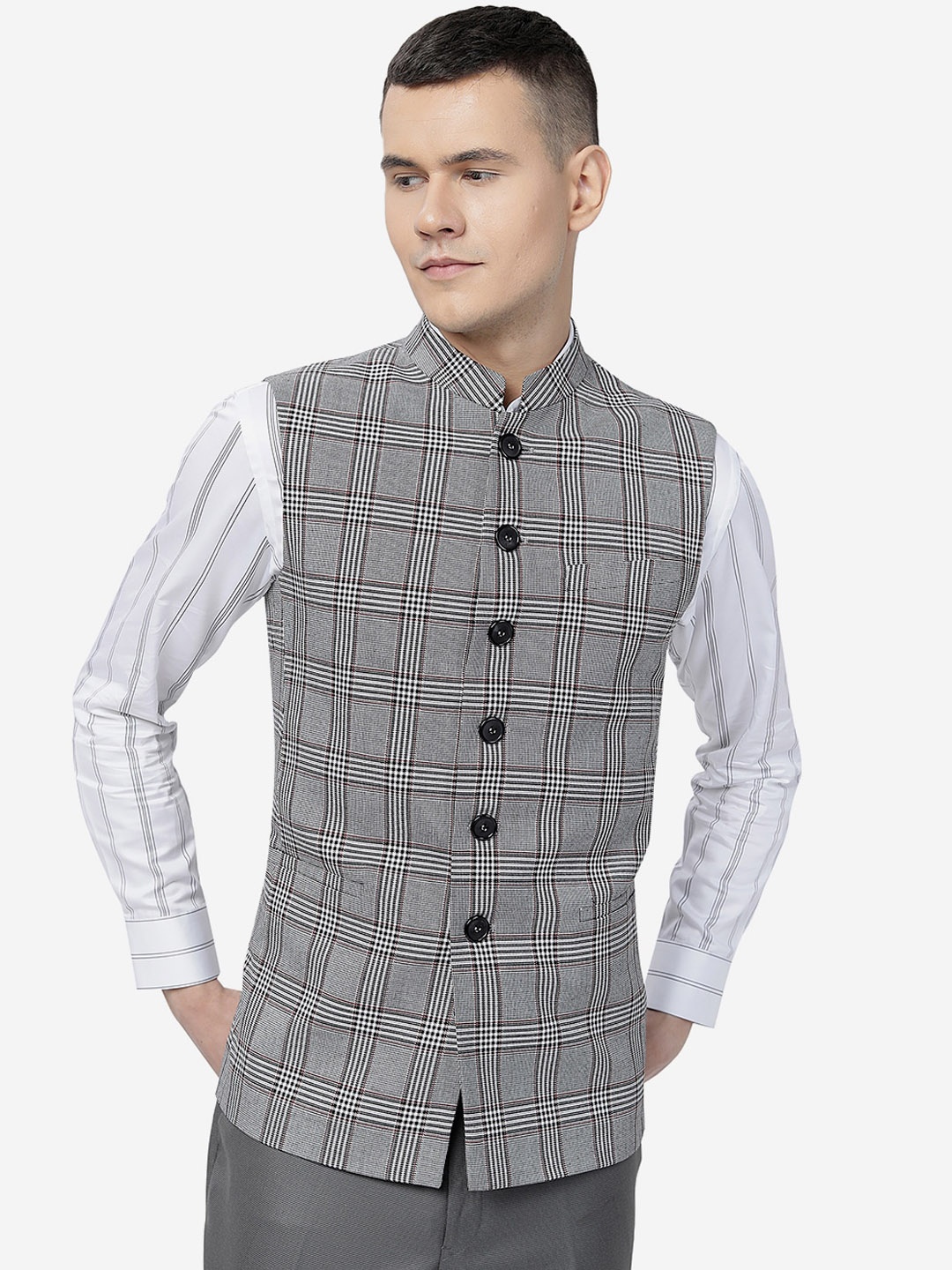 

MODI JACKET Men Checked Woollen Nehru Jacket, Grey