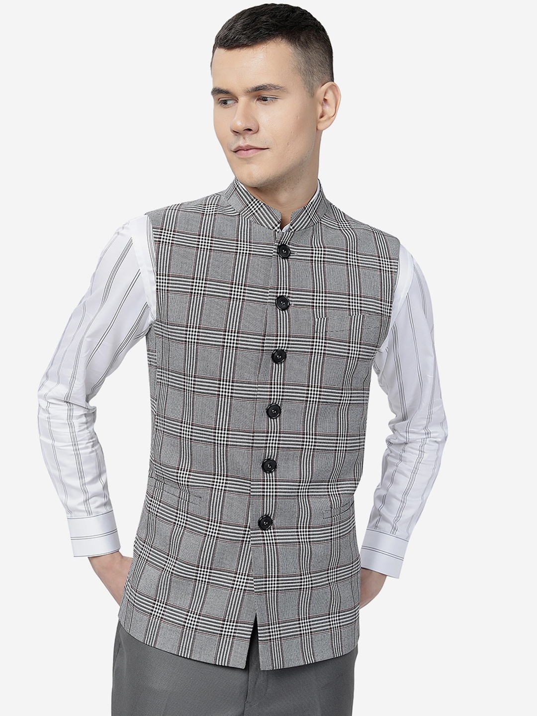 

MODI JACKET Men Checked Woollen Nehru Jacket, Grey