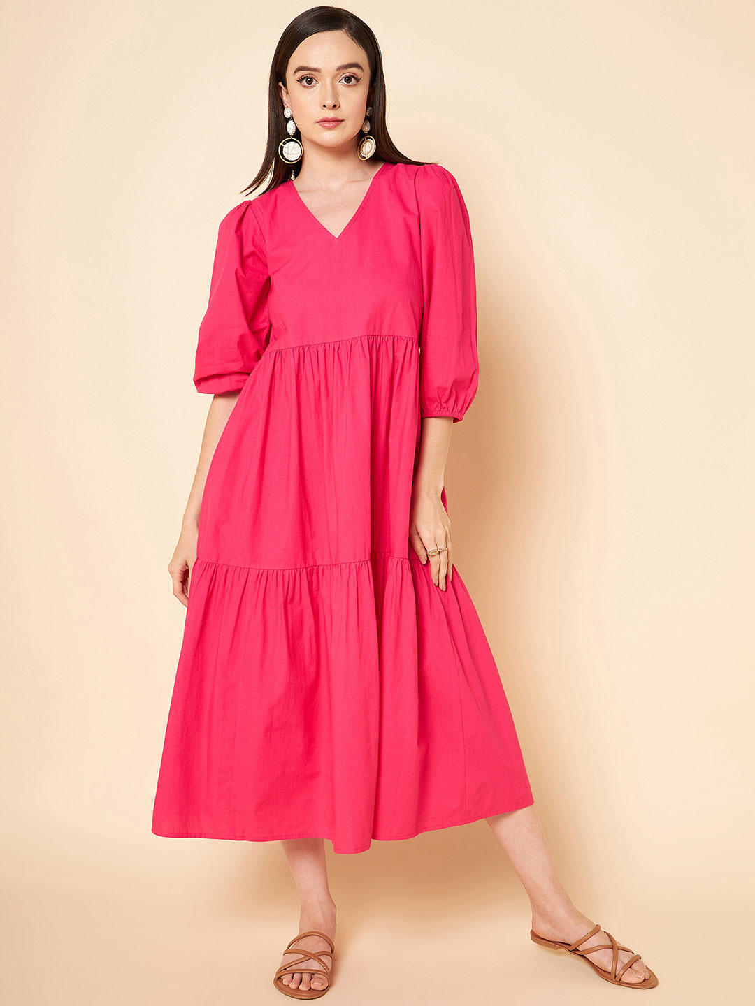 

High Star V-Neck Puff Sleeve Fit & Flare Midi Dress, Magenta