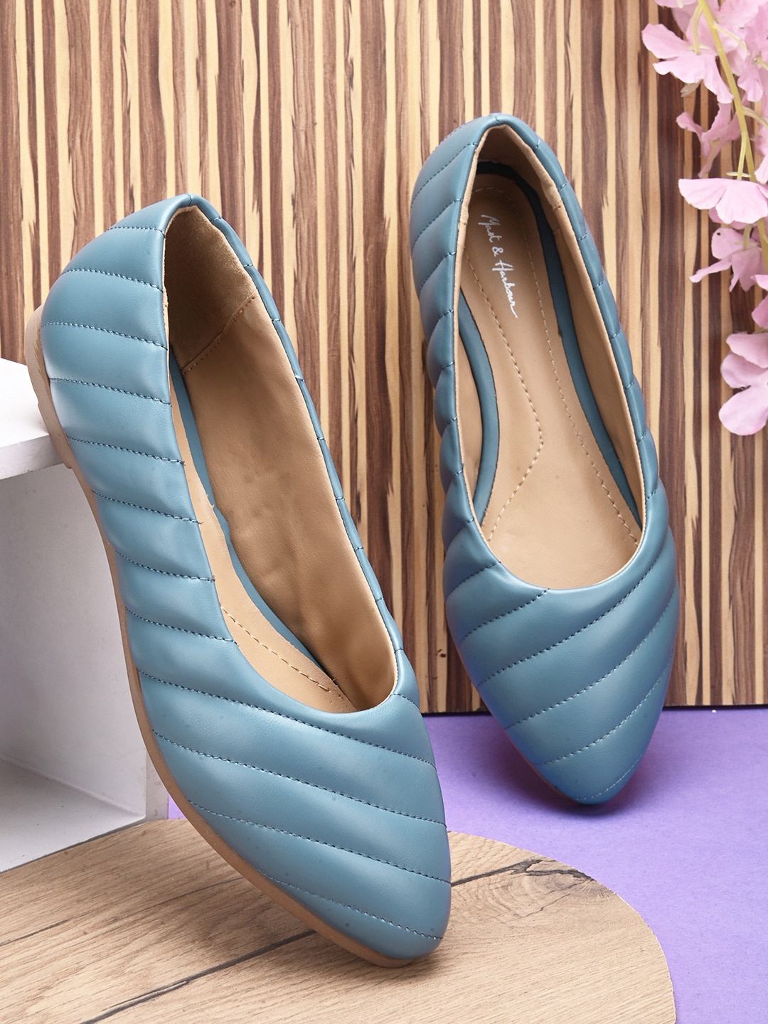 

Mast & Harbour Teal Blue Striped Pointed Toe Ballerinas