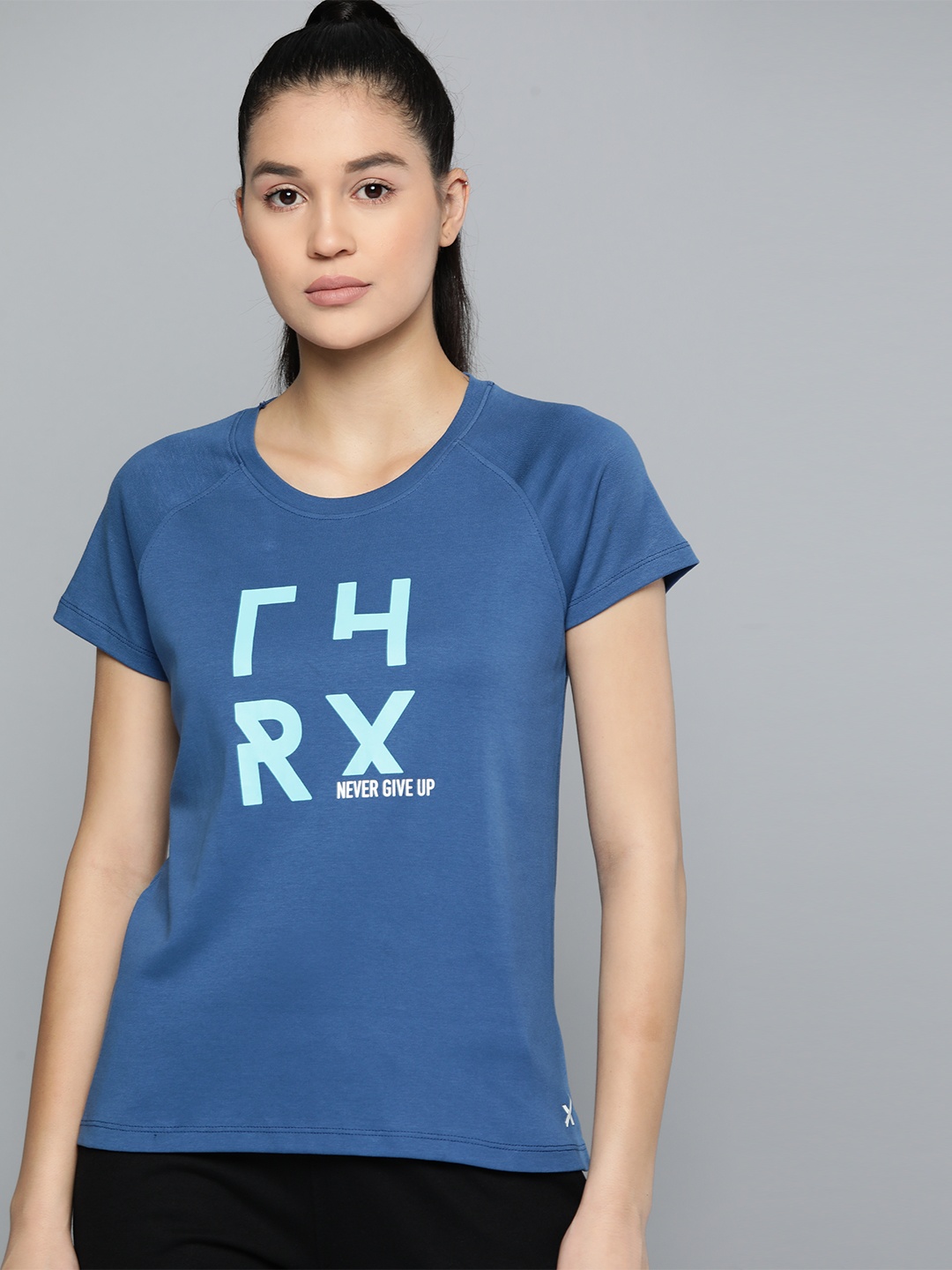 

HRX by Hrithik Roshan Women Brand Logo Print Pure Cotton T-shirt, Blue