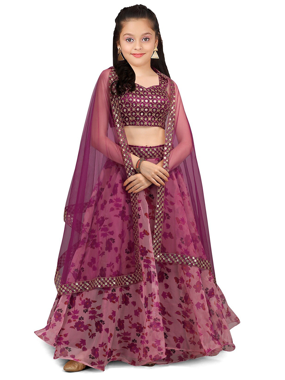 

BAESD Girls Embellished Thread Work Semi-Stitched Lehenga & Unstitched Blouse With Dupatta, Pink