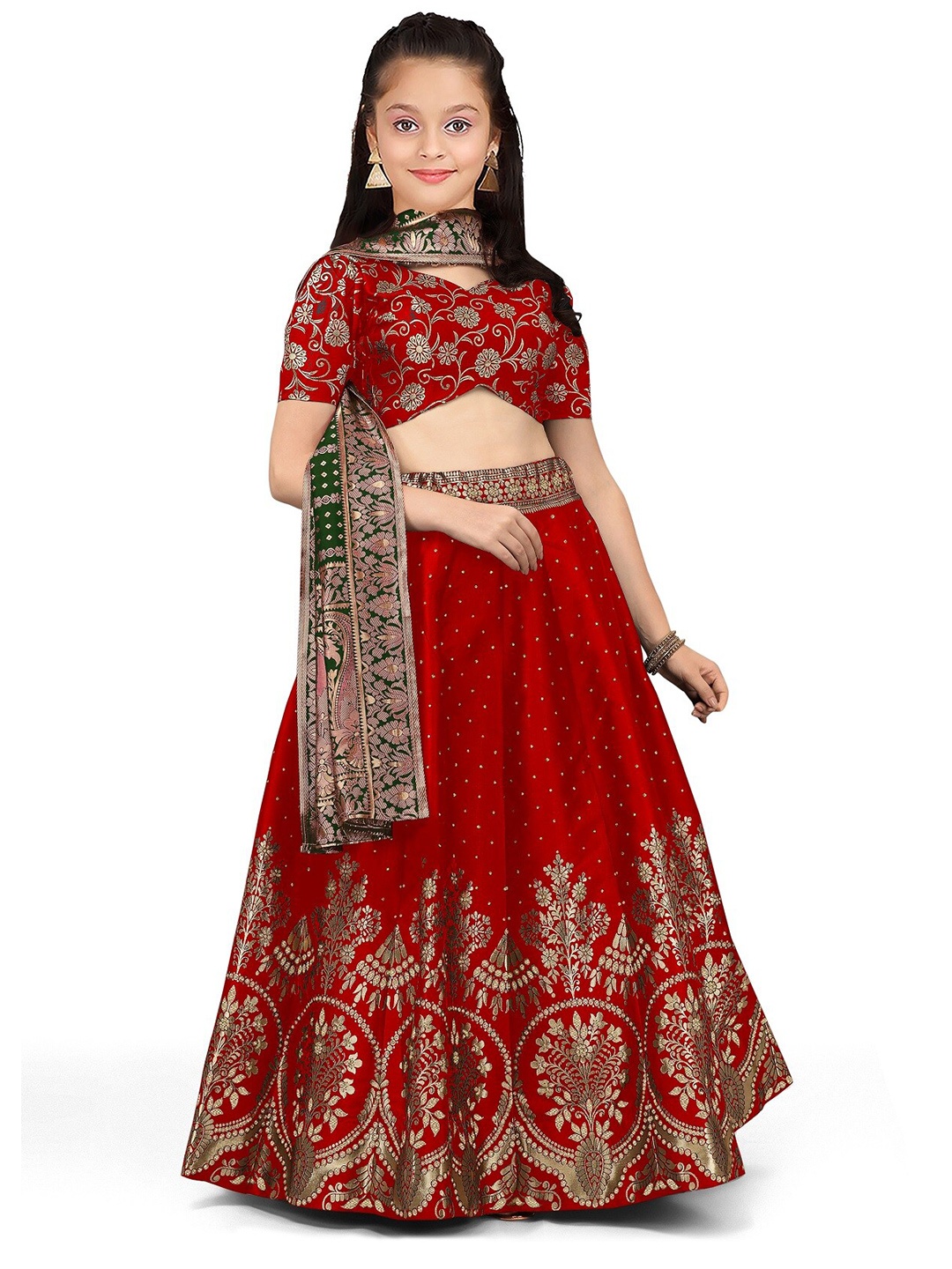 

BAESD Girls Semi-Stitched Silk Lehenga & Unstitched Blouse With Dupatta, Red