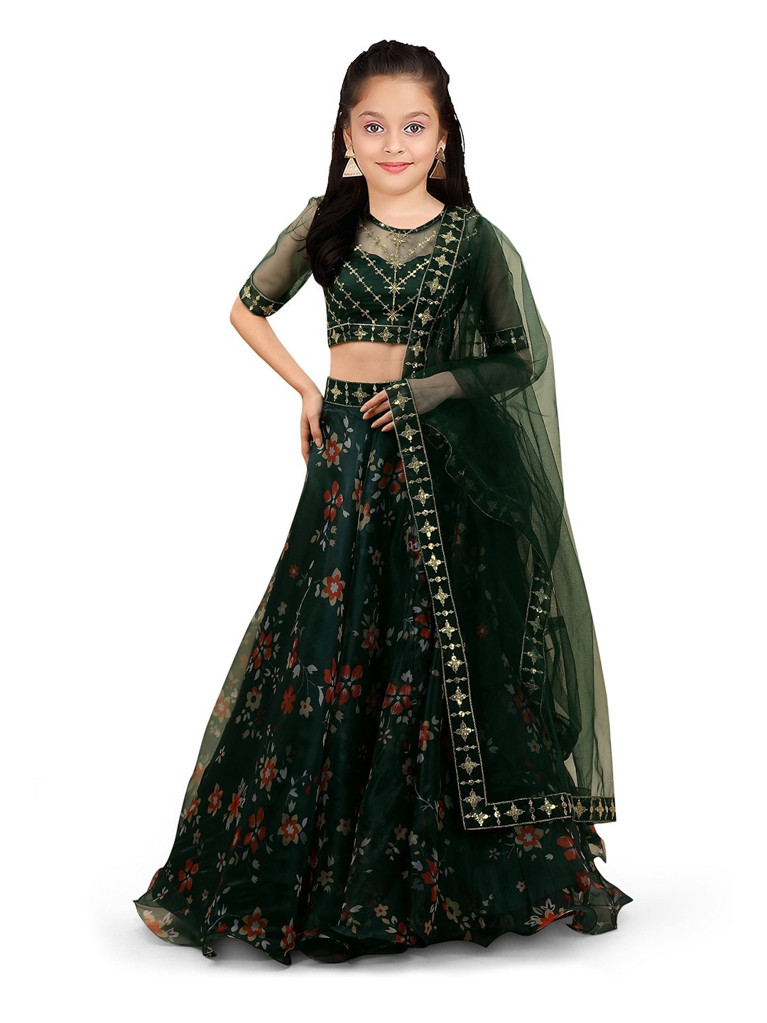 

BAESD Girls Embroidered Thread Work Semi-Stitched Lehenga & Unstitched Blouse With Dupatta, Green