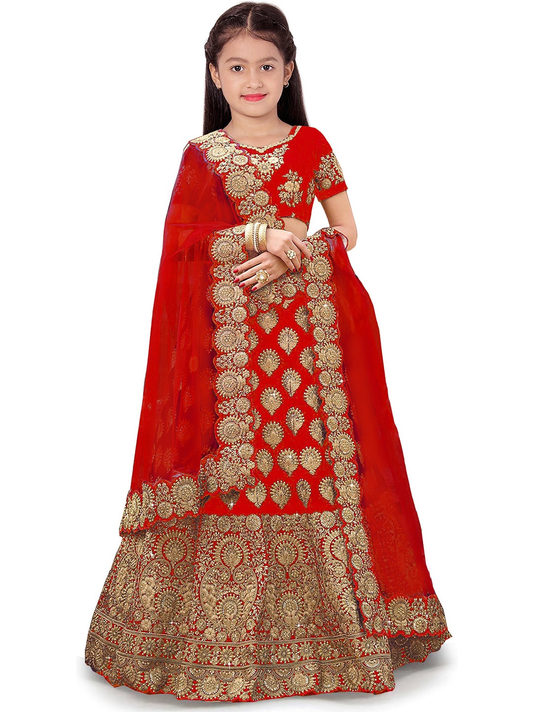

BAESD Girls Embroidered Semi-Stitched Lehenga & Unstitched Blouse With Dupatta, Red