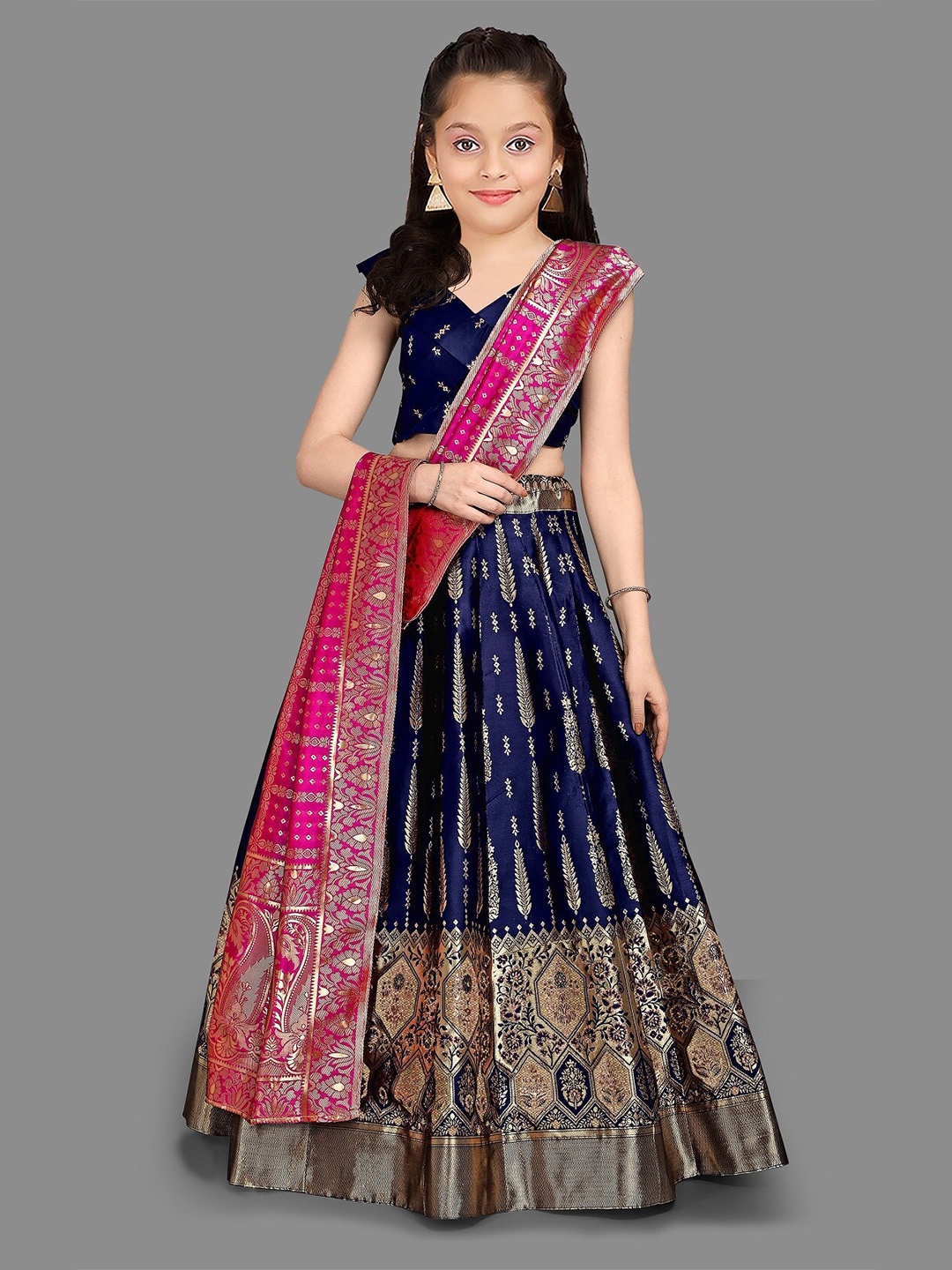 

BAESD Girls Semi-Stitched Lehenga & Unstitched Blouse With Dupatta, Navy blue