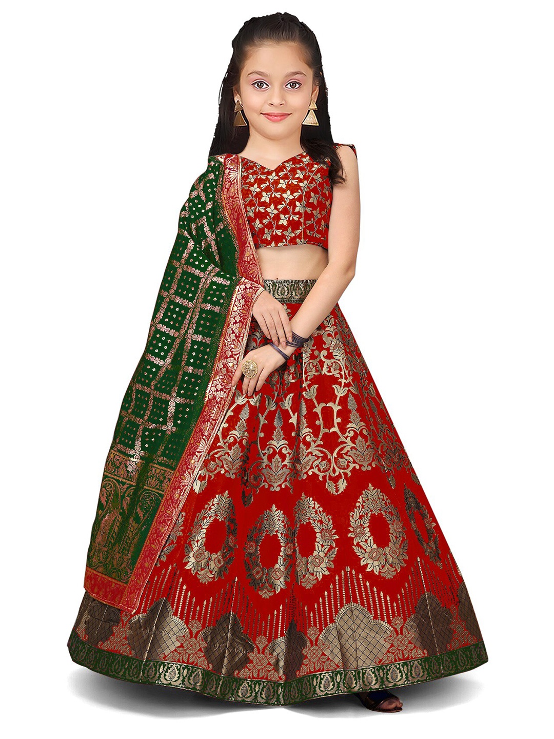

BAESD Girls Semi-Stitched Lehenga & Unstitched Blouse With Dupatta, Red