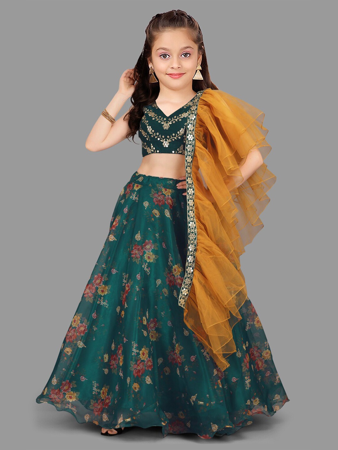 

BAESD Girls Embroidered Semi-Stitched Lehenga & Unstitched Blouse With Dupatta, Green