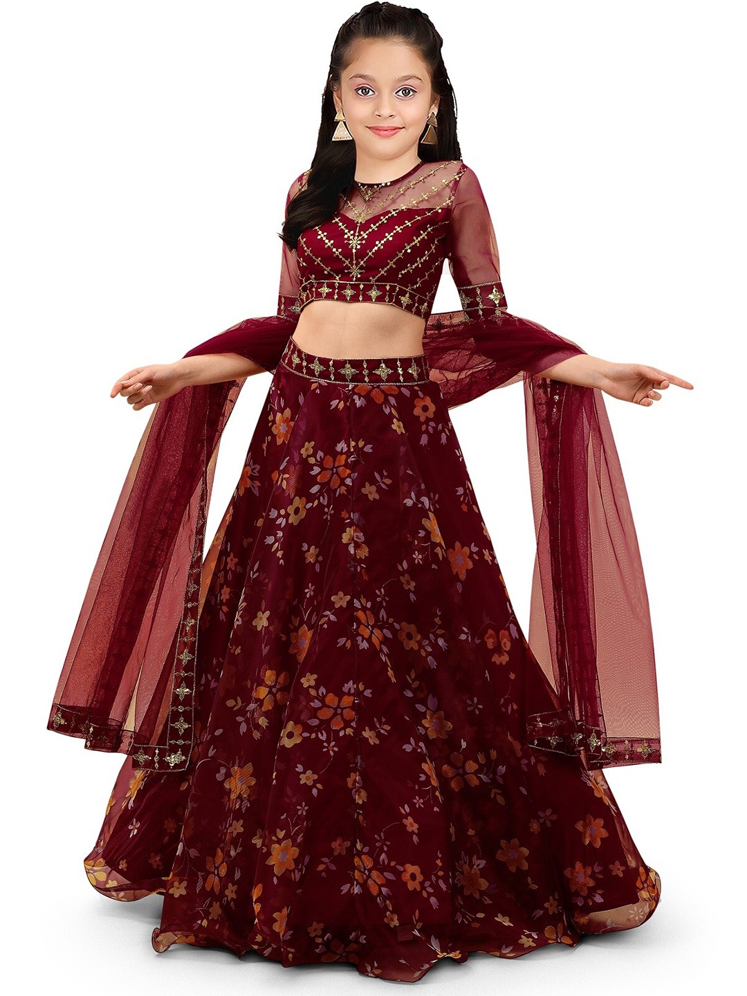 

BAESD Girls Embroidered Thread Work Semi-Stitched Lehenga & Unstitched Blouse With Dupatta, Maroon