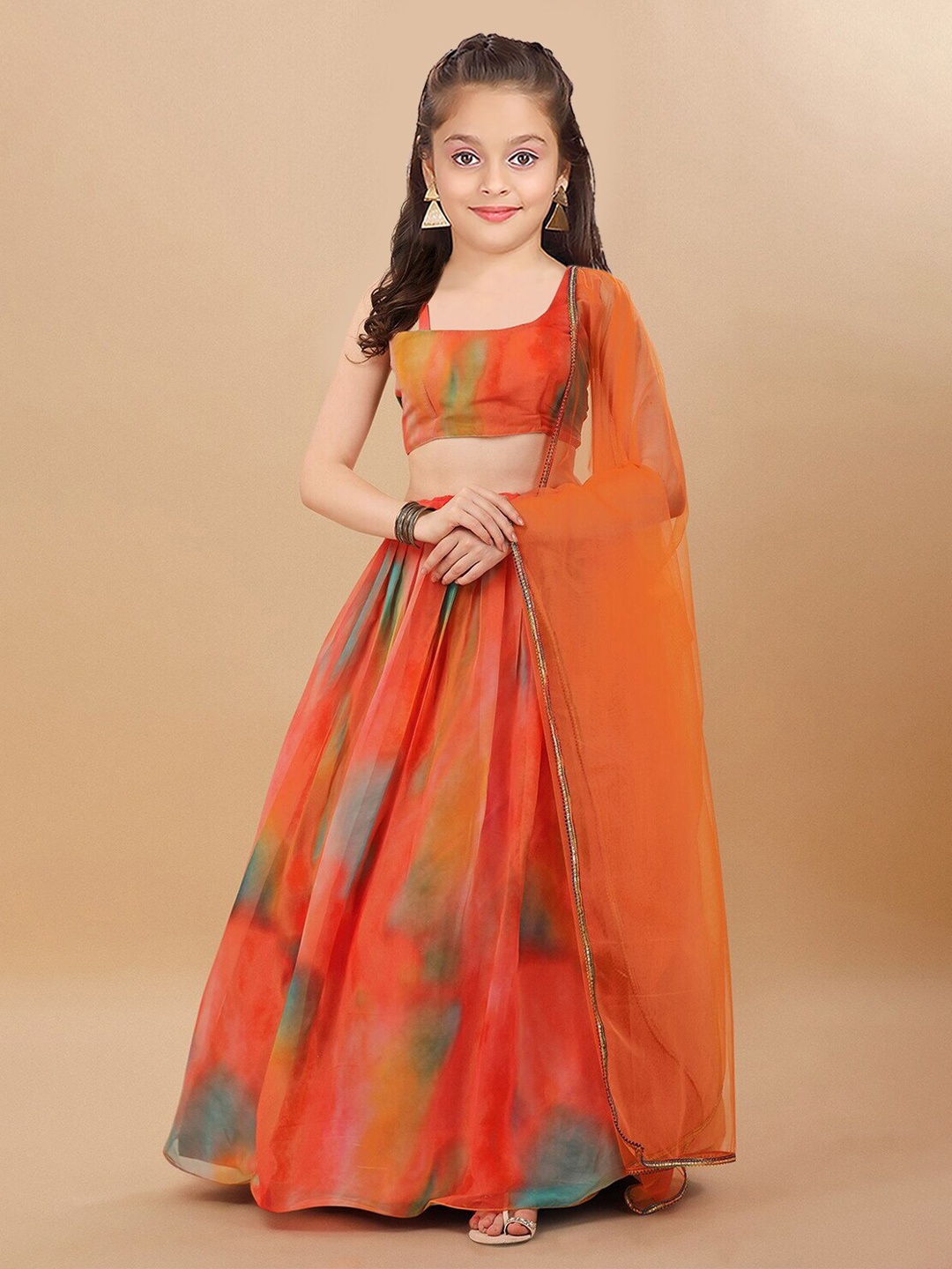 

BAESD Girls Printed Semi-Stitched Lehenga & Unstitched Blouse With Dupatta, Orange