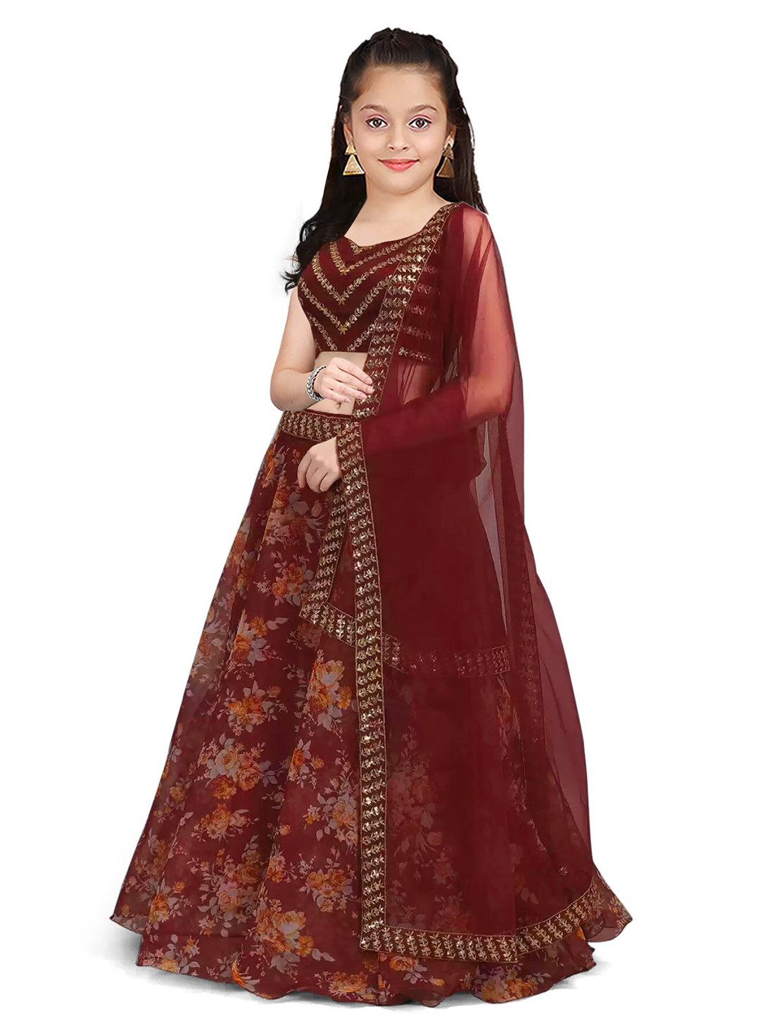 

BAESD Girls Embroidered Semi-Stitched Lehenga & Unstitched Blouse With Dupatta, Maroon