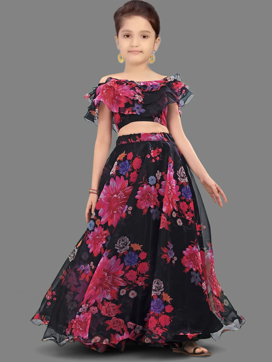 

BAESD Girls Printed Semi-Stitched Lehenga & Unstitched Blouse With Dupatta, Black