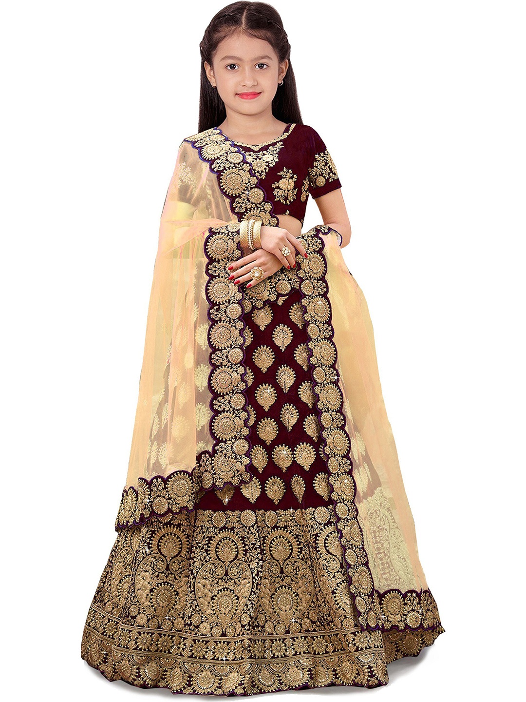 

BAESD Girls Embroidered Semi-Stitched Lehenga & Unstitched Blouse With Dupatta, Maroon