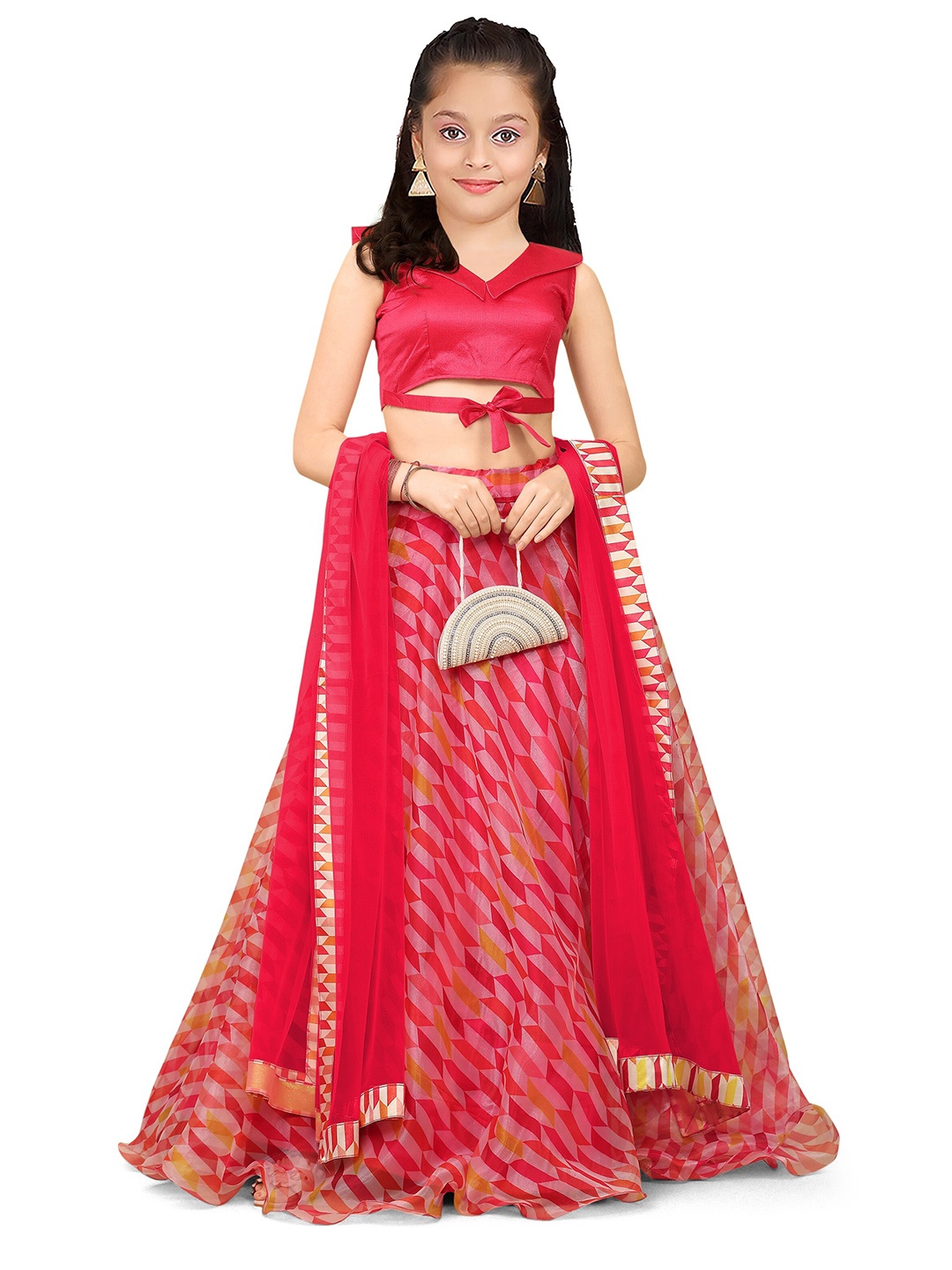

BAESD Girls Printed White Semi-Stitched Net Lehenga Choli With Dupatta, Pink