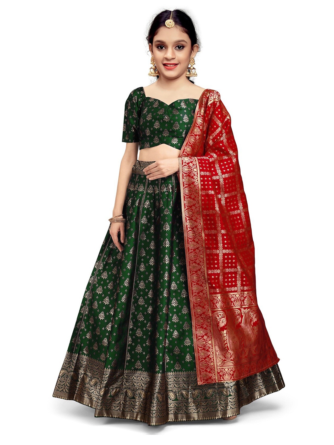 

BAESD Girls Ethnic Motif Semi-Stitched Silk Lehenga Choli With Dupatta, Green