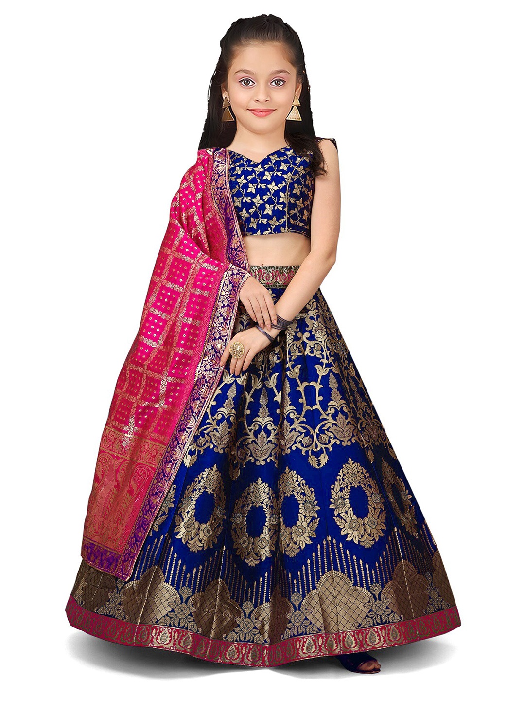 

BAESD Girls Semi-Stitched Silk Lehenga & Unstitched Blouse With Dupatta, Navy blue