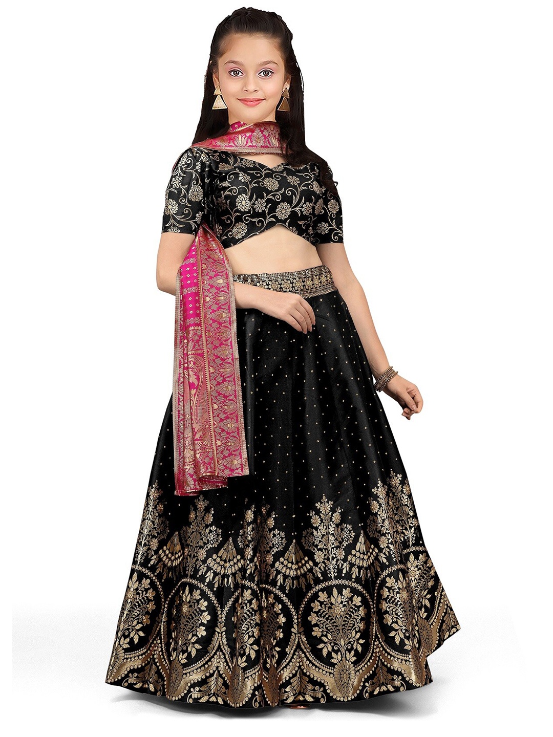 

BAESD Girls Semi-Stitched Silk Lehenga & Unstitched Blouse With Dupatta, Black